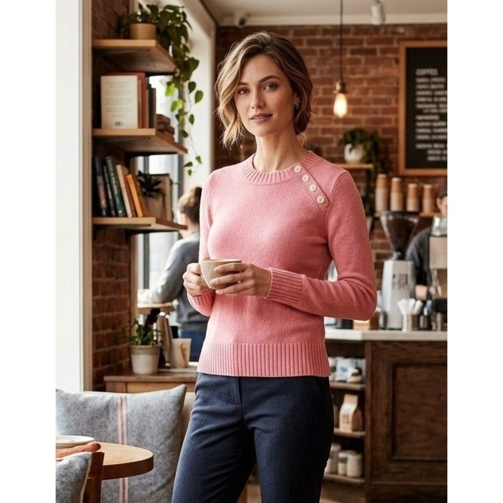 Banana Republic Womens Pink Button Shoulder Long Sleeve Crew Neck Sweater Small